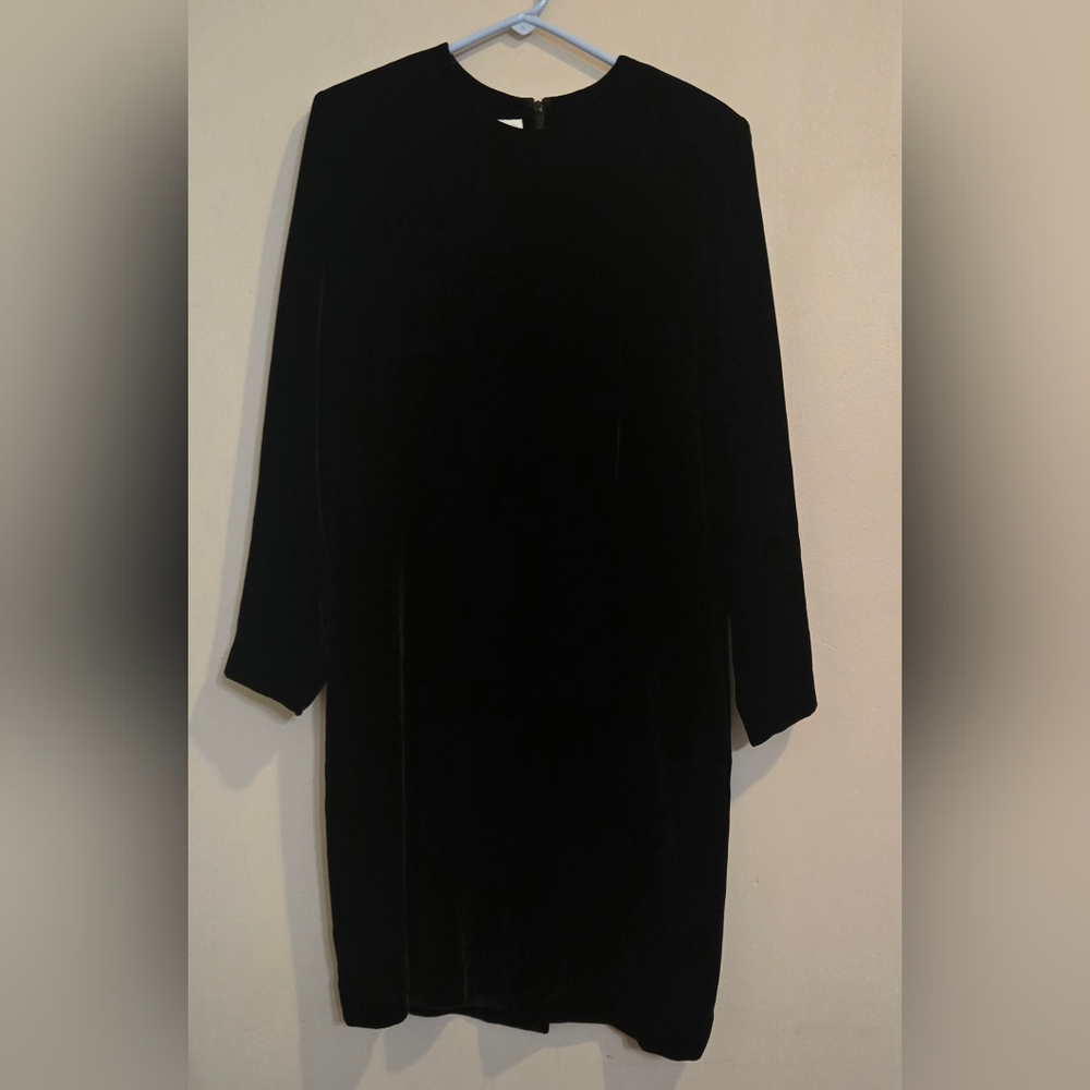 Lands End Black Velvet Long Sleeve Sheath Dress w/ Shoulder Pads Womens Size 12 - Picture 1 of 6